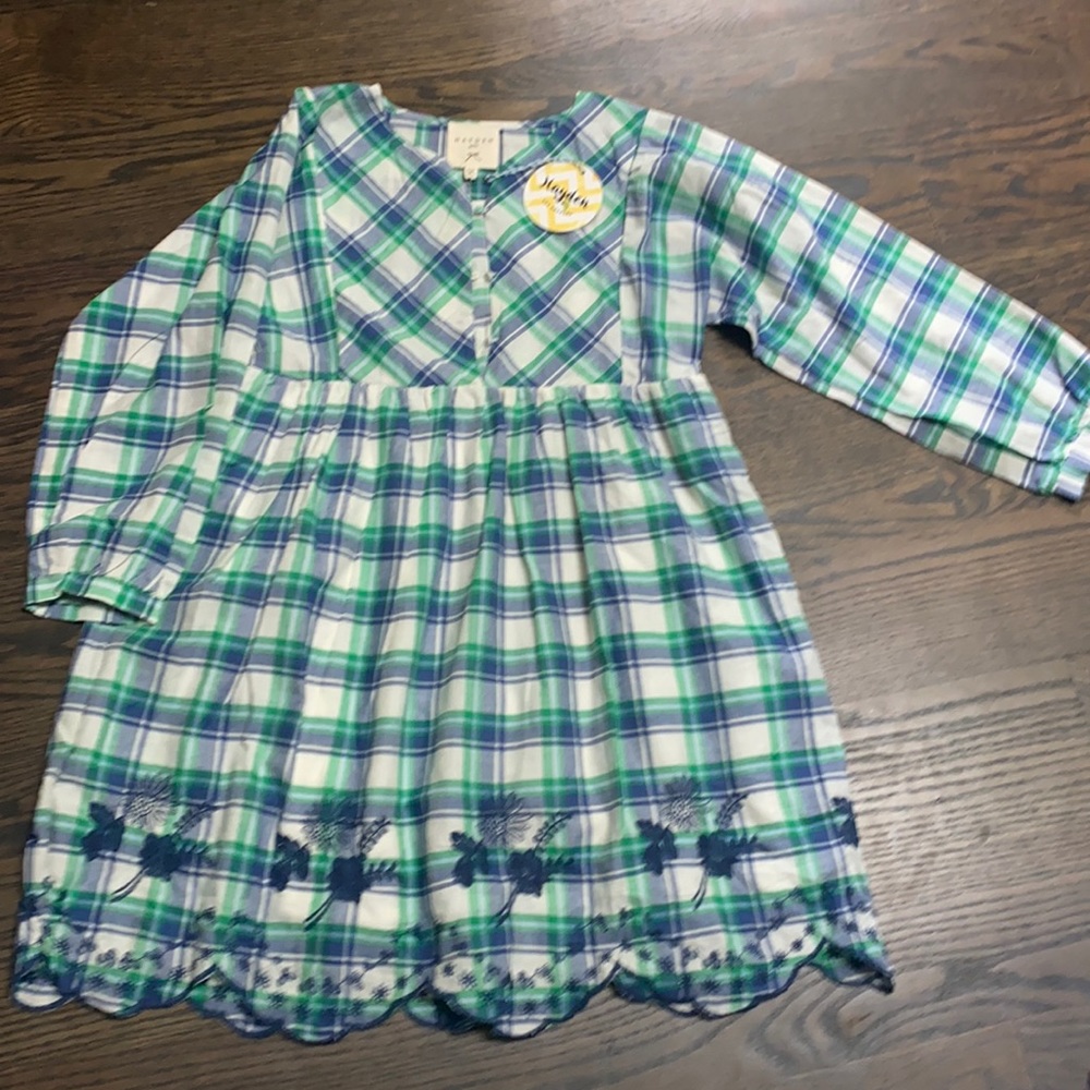 Blue and Green Plaid Hayden Girls dress with embroidered details